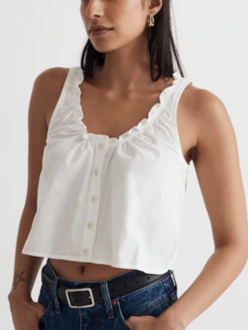 Madewell Ruffled U-Neck Crop Top Tank Tile White Button Front Cotton M